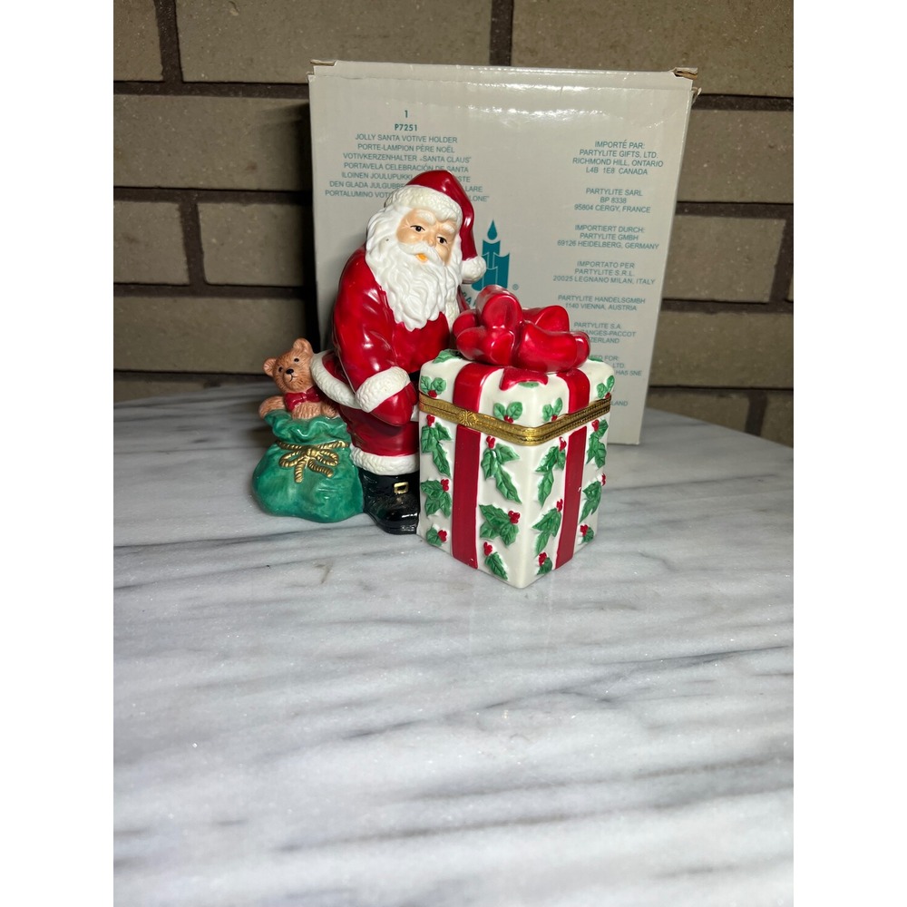 VTG PartyLite Jolly Santa Votive Holder Ceramic Hinged Gift Box Christmas
